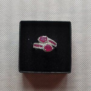 Rhodium over 925 Silver 2 Tear Drop Pinkish Rubies + Ruby/Topaz Halo Ring
